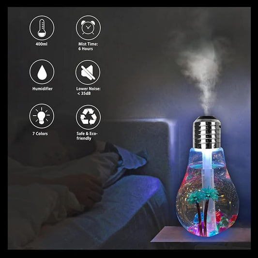 USB Air Humidifier | Bulb Humidifier Lamp Shape | Decorative Lights Diffuser, Purifier Atomizer With Colorful LED Night Light for Office Desk, Bedroom, Living Room, Home Deco